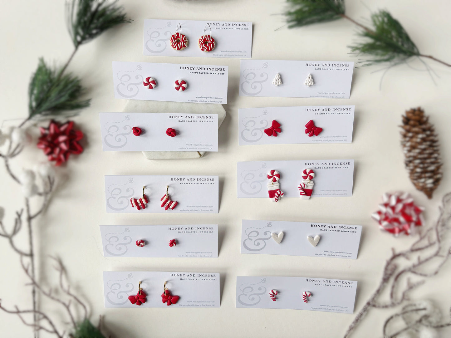 Red and white peppermint candy cane Christmas polymer clay stud earrings