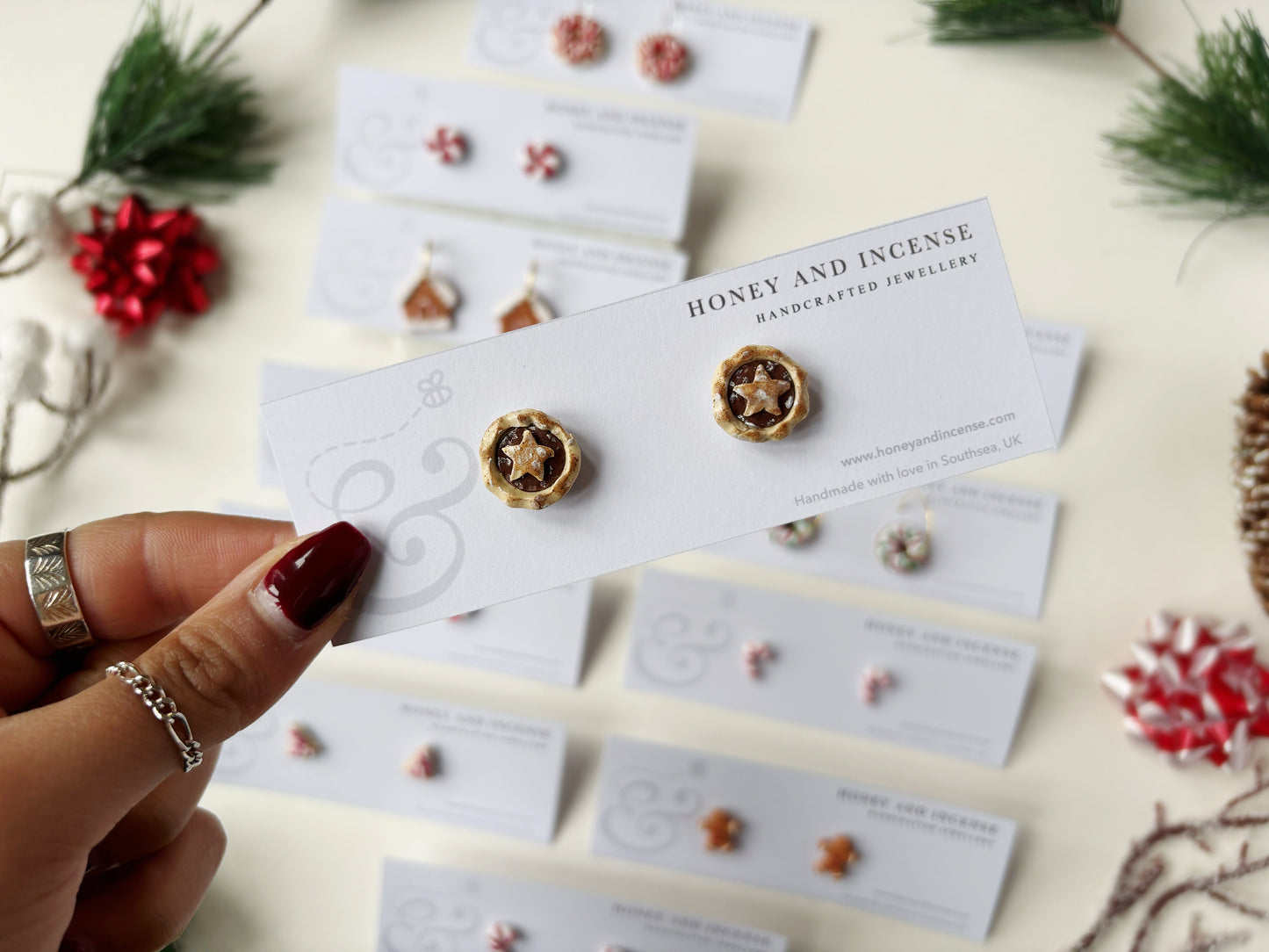 Mini mince pie polymer clay earrings, studs, Christmas novelty mince pie studs on stainless steel studs.