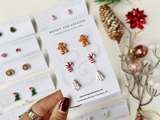 Polymer clay Christmas earring stud pack, gingerbread men, candy canes and white knitted tree studs