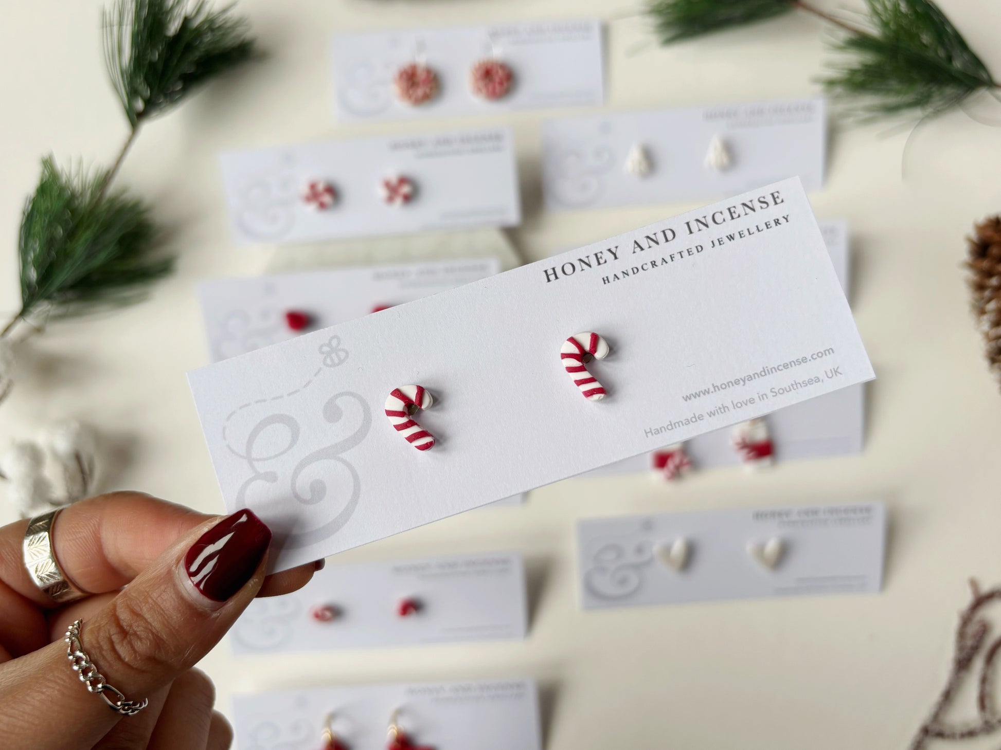 Candy cane polymer clay studs