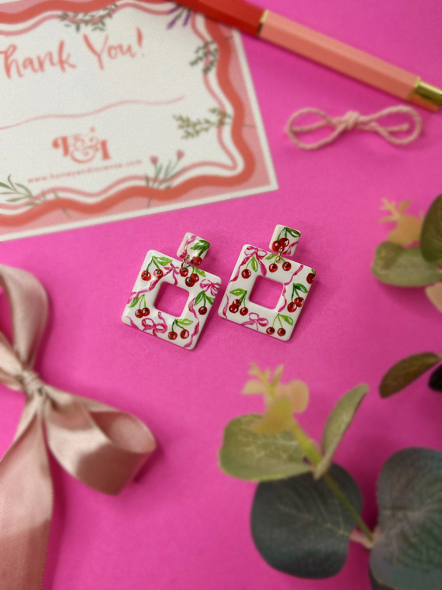 Valentines Cherry Bow Hand-Painted Earrings