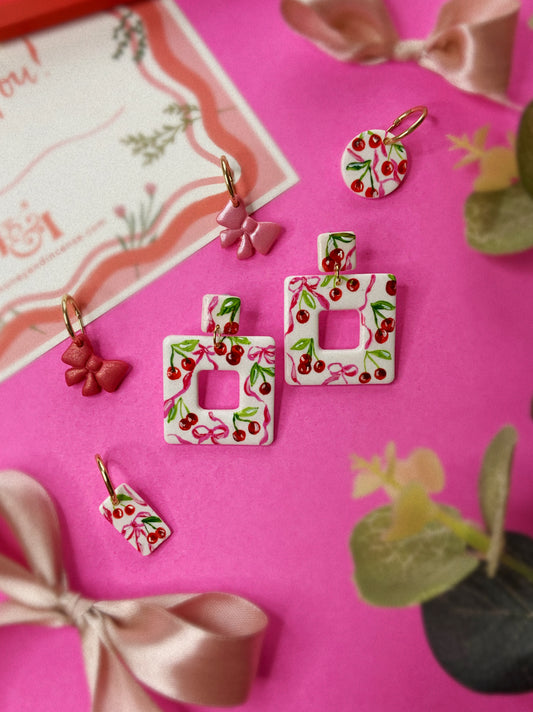 Valentines Cherry Bow Hand-Painted Earrings