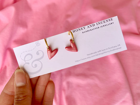pink heart shimmery earrings on gold plated huggie hoops