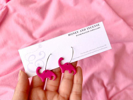 pink dinosaur earrings, hot pink polymer clay dinosaur on silver hoops