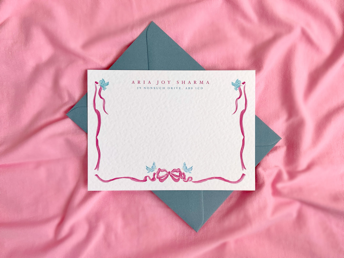 pink ribbon and bue bird notecards, personalised notecards fantasy fairytale theme, princess notecards