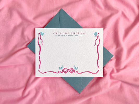 pink ribbon and bue bird notecards, personalised notecards fantasy fairytale theme, princess notecards