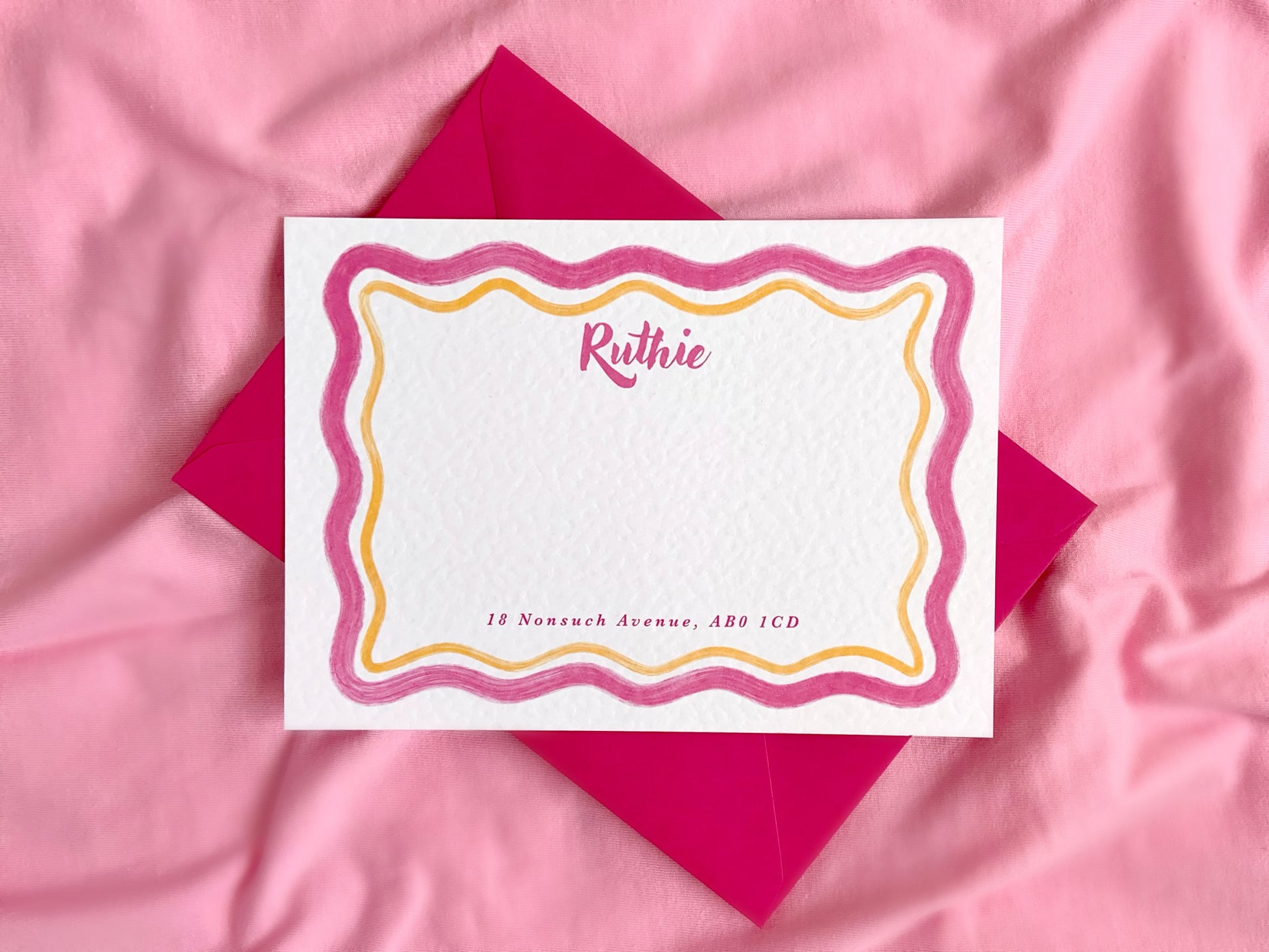 fun hot pink and yellow painted squiggle notecards, personalisable note cards with name  and address, hot pink