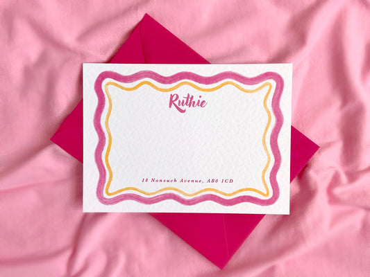 fun hot pink and yellow painted squiggle notecards, personalisable note cards with name  and address, hot pink