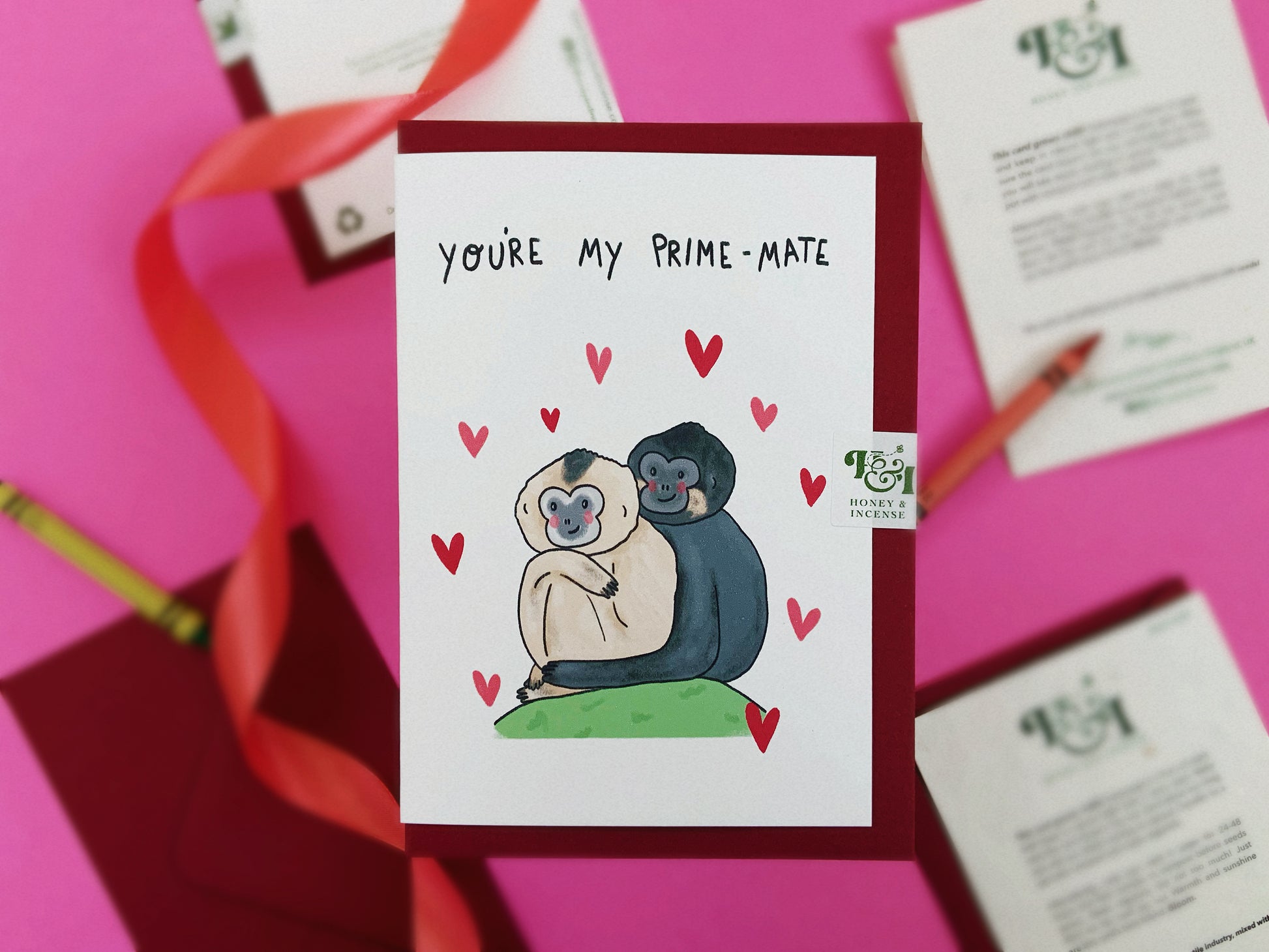 cheeky monkey valentines cards feating two cuddling gibbons and the words "you're my prime-mate"