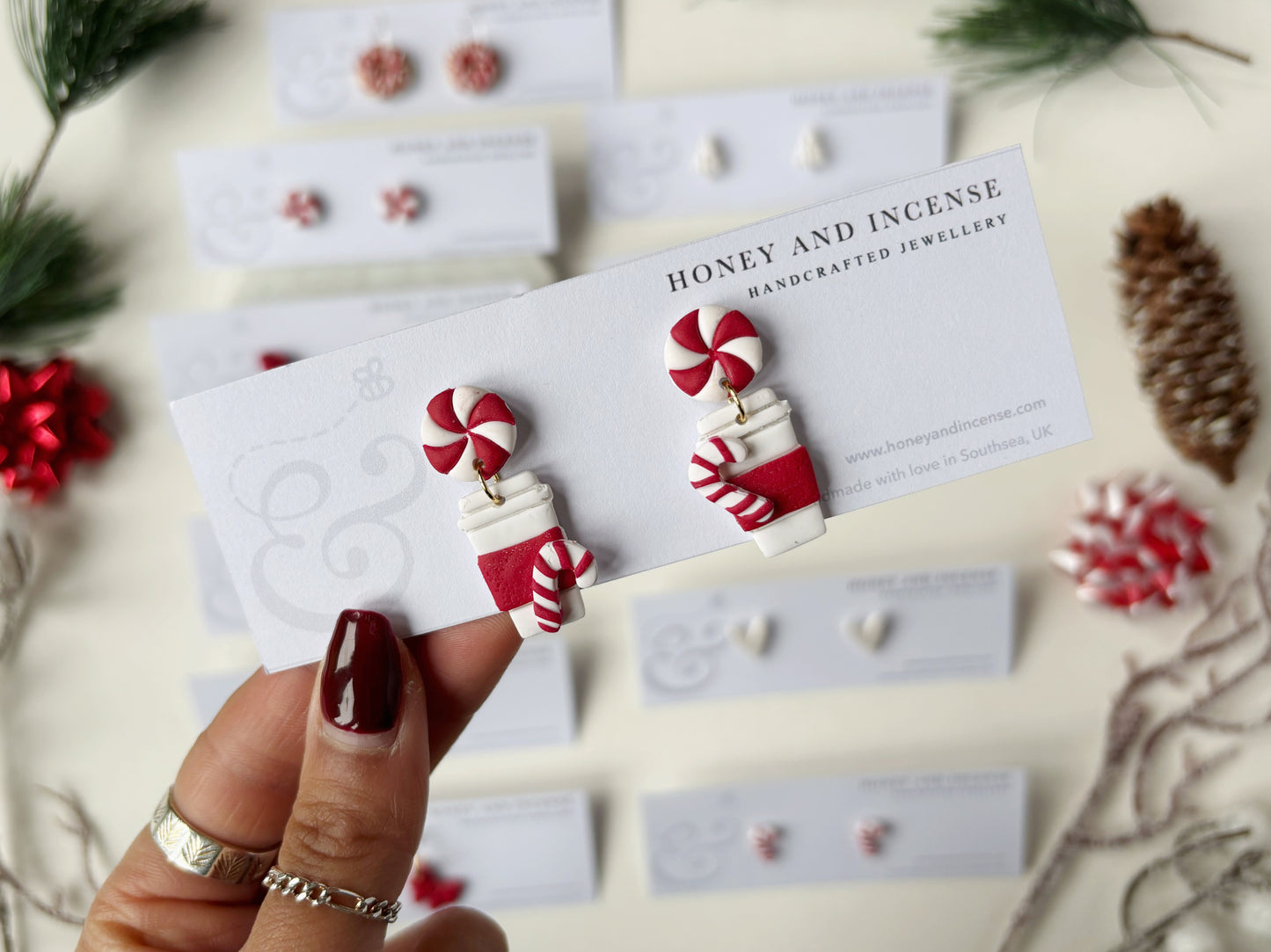 Peppermint hot chocolate candy cane polymer clay dangle earrings