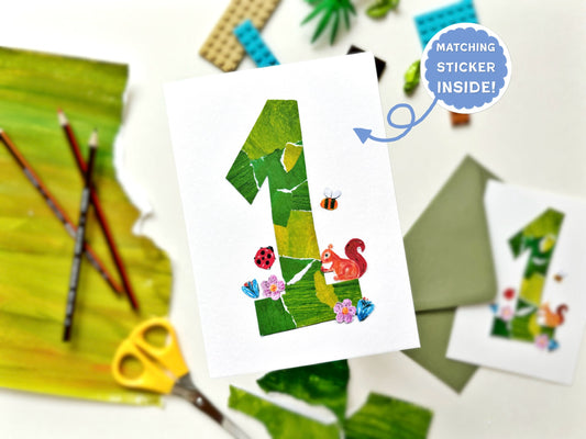 A birthday card with the age 1 on it, made up of green collage and cut outs of flowers, bees, ladybirds and a squirrel. Thee is a tag saying that this card comes with a matching sticker too.