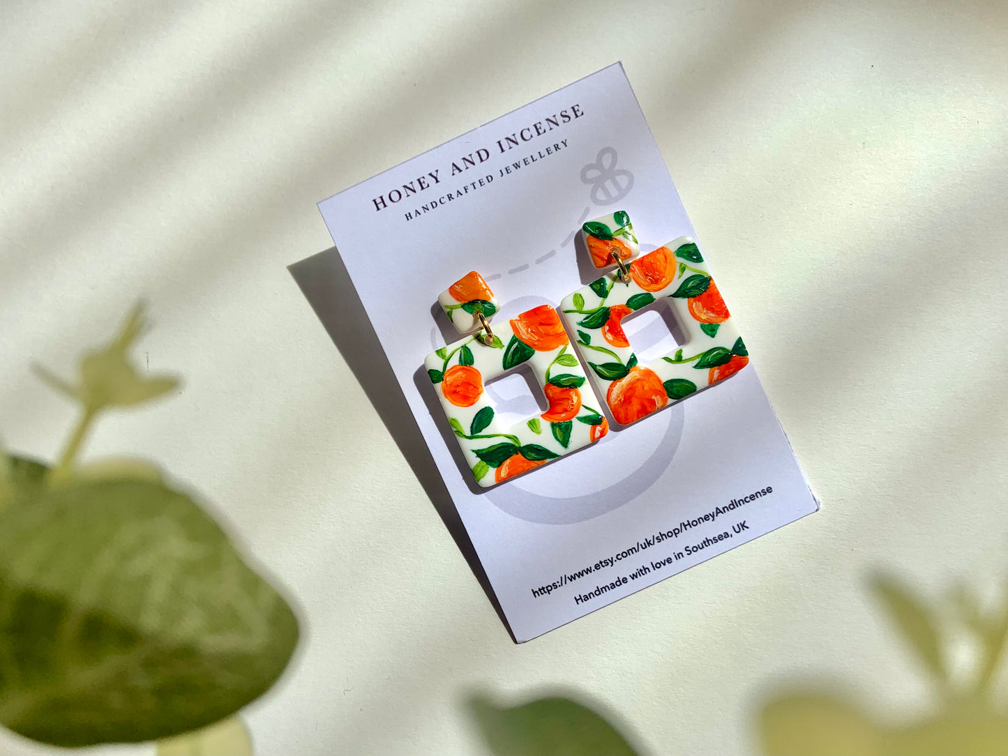 Hand painted orange earrings, orange pattern earrings, hand painted polymer clay earrings