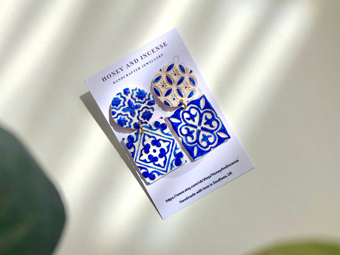 blue and white tile earrings, statement blue polymer clay earrings