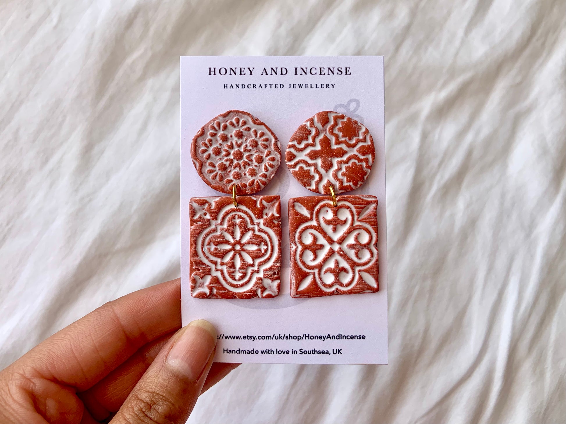 terracotta tile effect earrings, statement moroccan inspired earrings