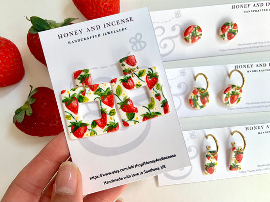 Hand painted strawberry earrings, acrylic painted earrings with strawberry design, strawberry huggie hoops and studs.