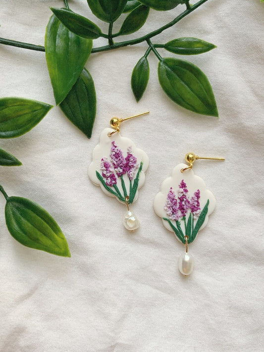 Handmade Lavender stem polymer clay earrings