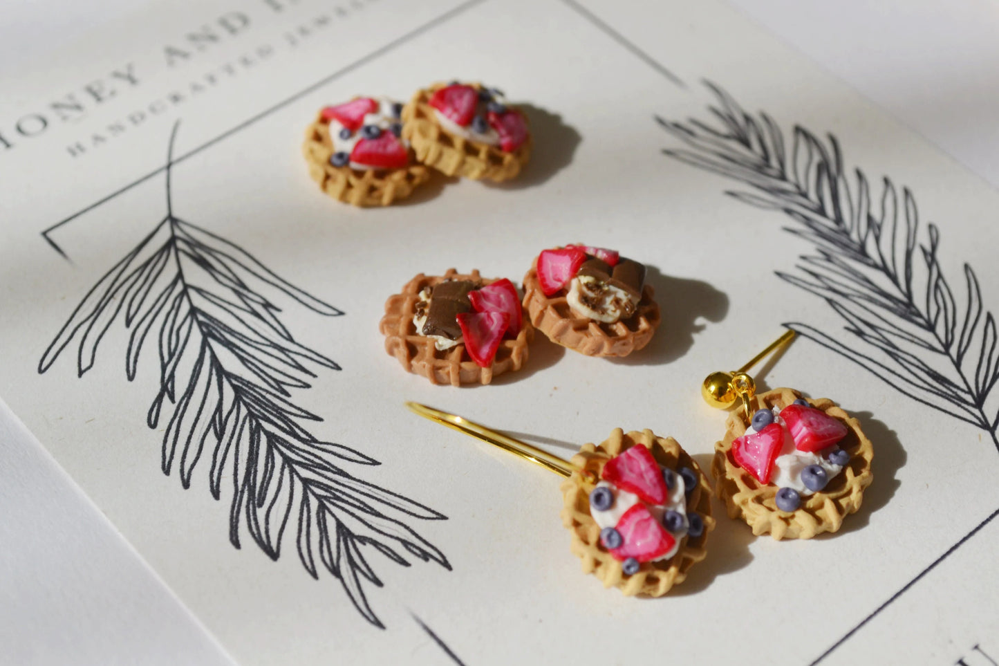 realistic waffle polymer clay earrings, waffle studs, Strawberry and Chocolate or Berries and Cream waffle earrings!