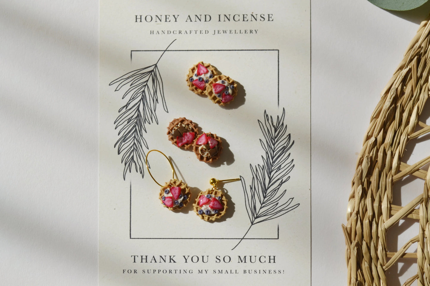 mini realistic polymer clay food earrings, waffles