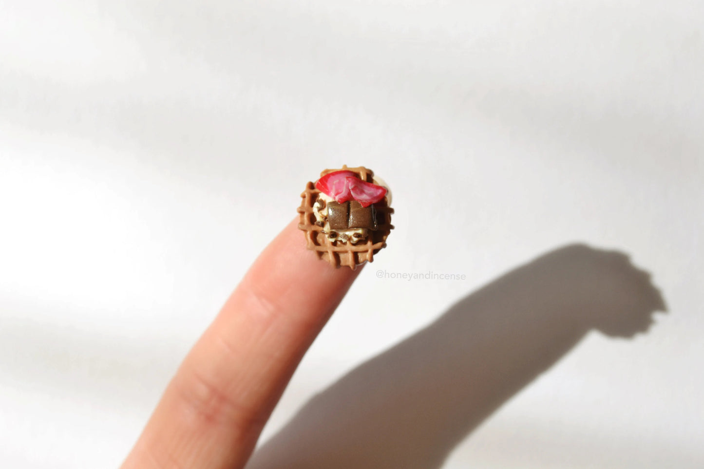 mini polymer clay waffles with chocolate and strawberry
