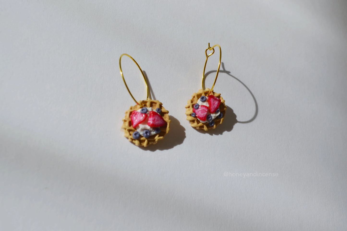 polymer clay strawberry berry cream waffle hoop earrings