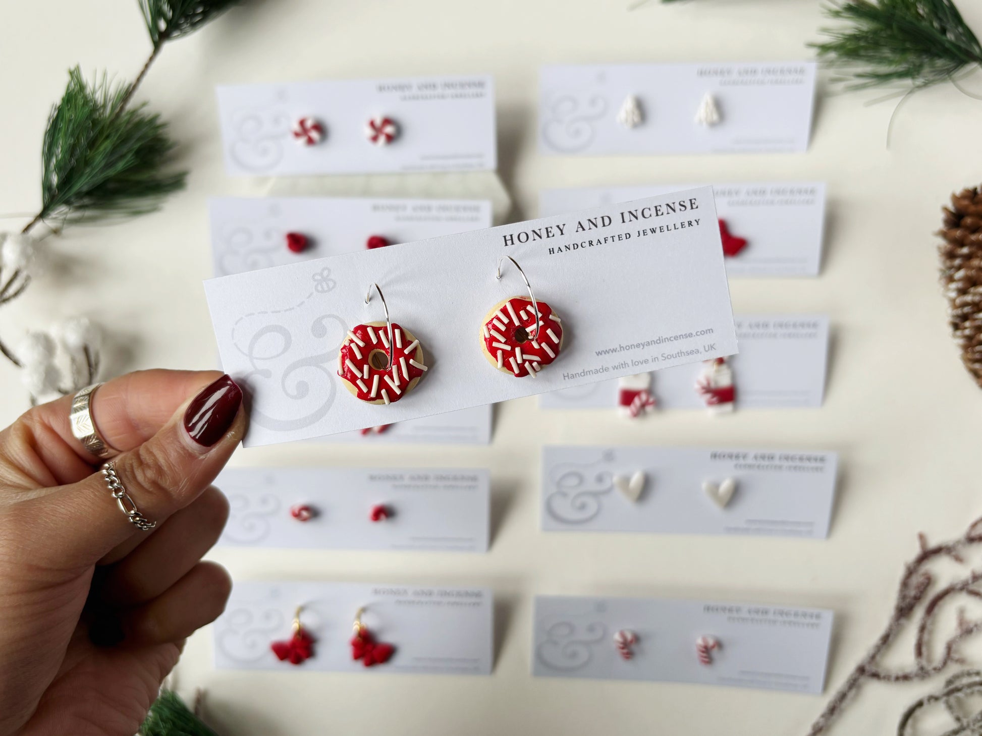 Red and white peppermint donuts polymer clay earrings Christmas collection 