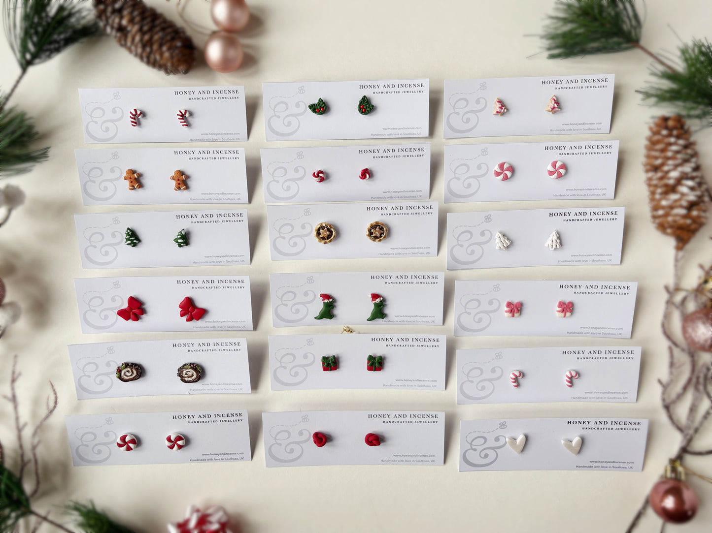 A selection of 18 different pairs of polymer clay Christmas stud earrings!