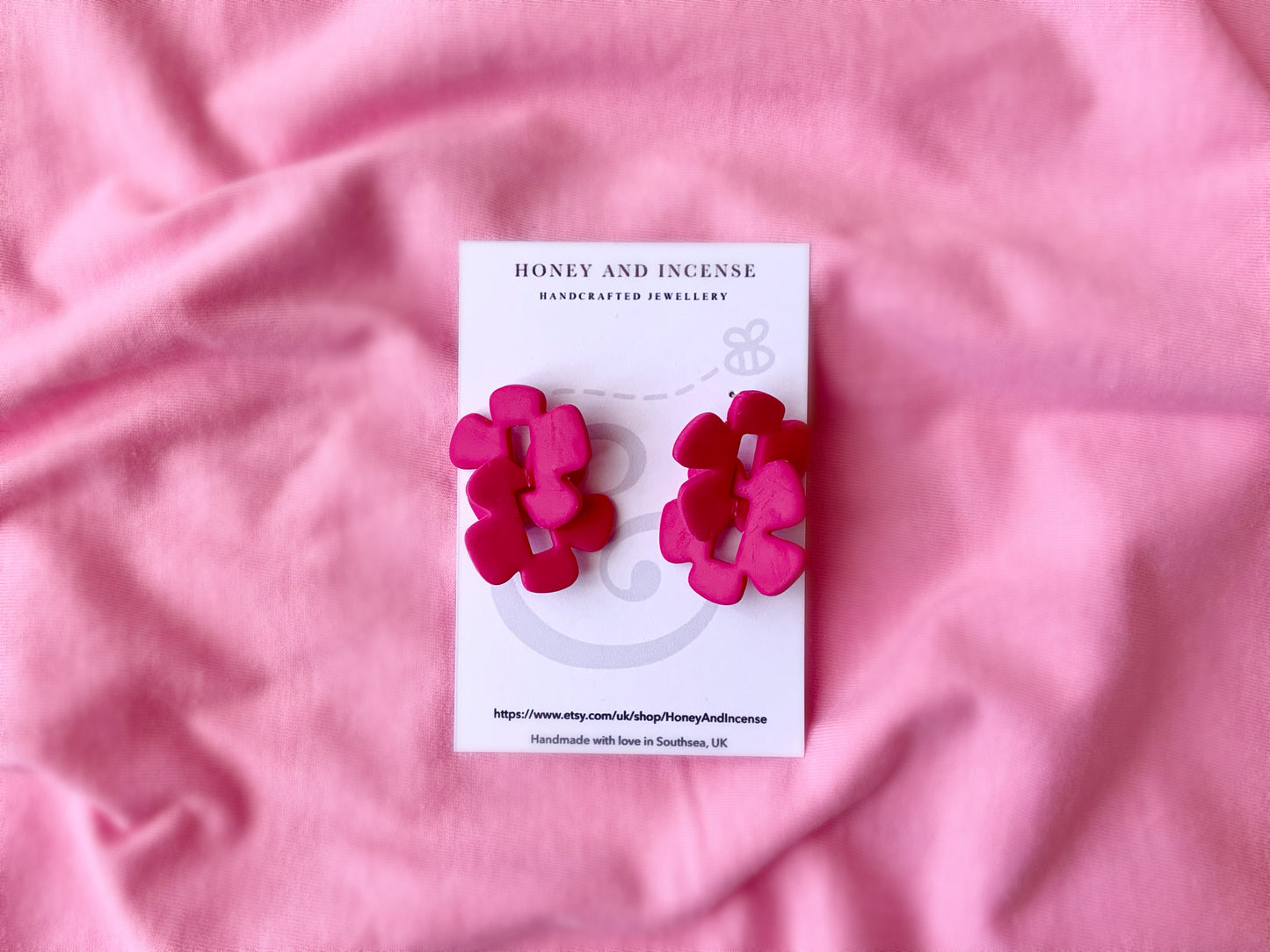 Statement studs, bright pink polymer clay chain link flower earrings
