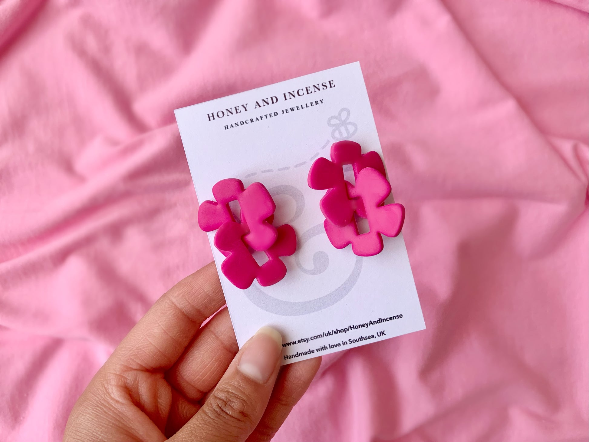 Hot Pink Flower Chain Link Polymer clay earrings, statement studs pinks