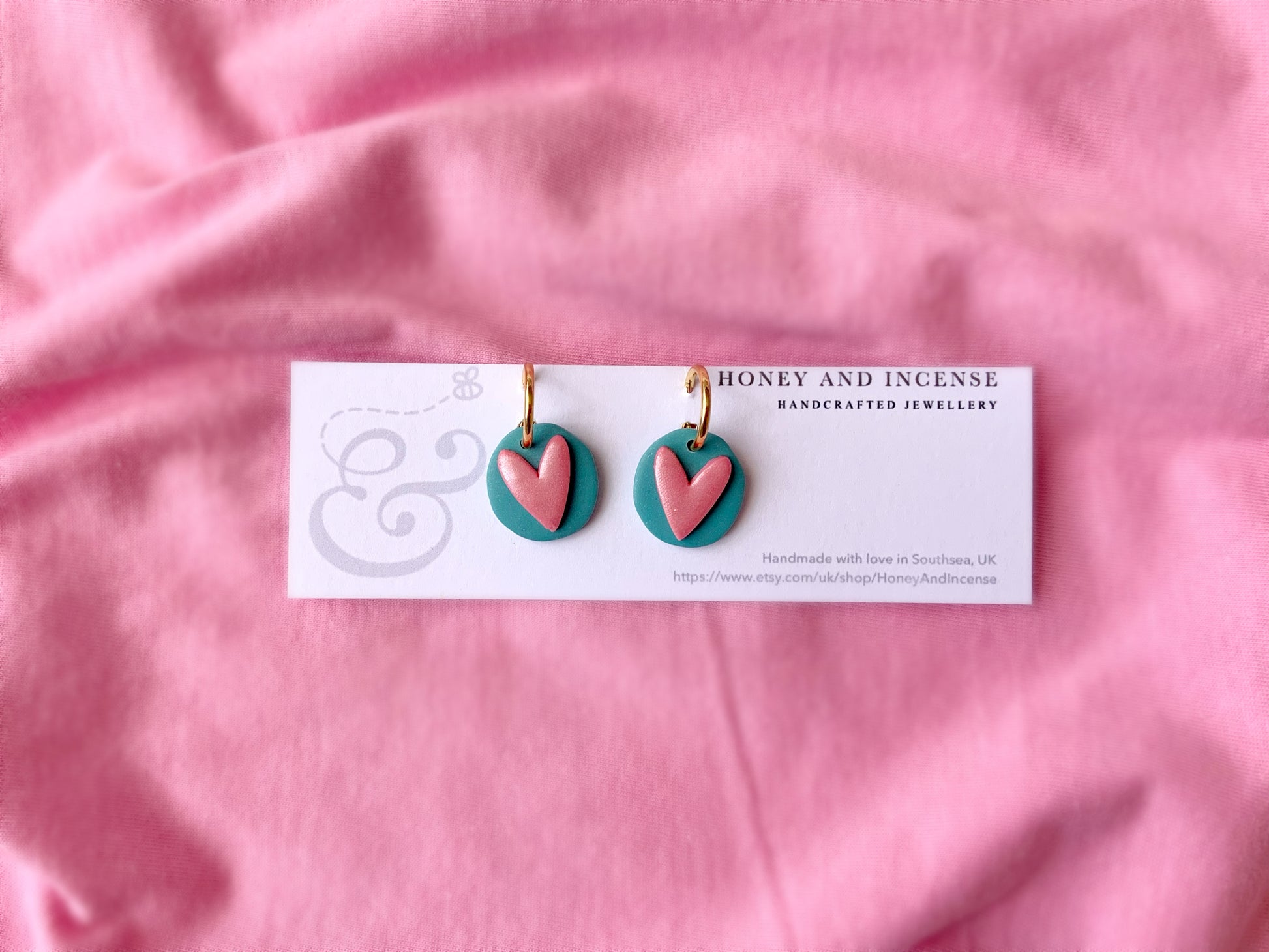 turquoise and shimmery pale pink heart huggie hoops, pink doll  vibe earrings