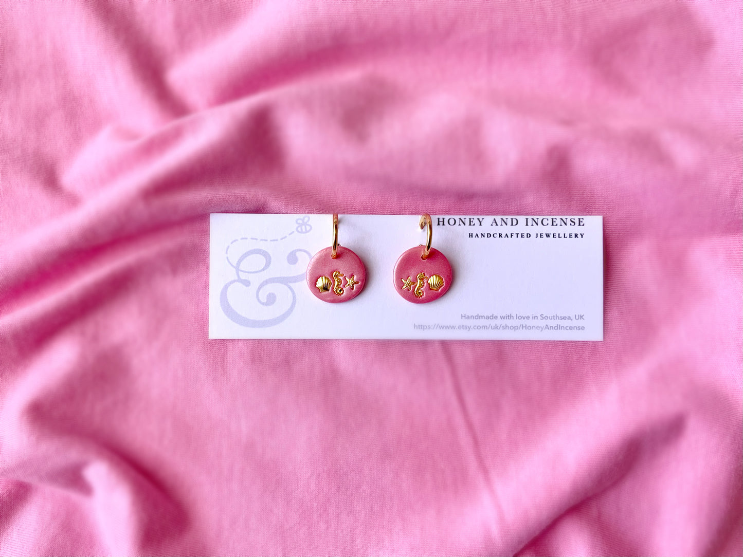 pink shimmery seashell gold huggie hoop earrings