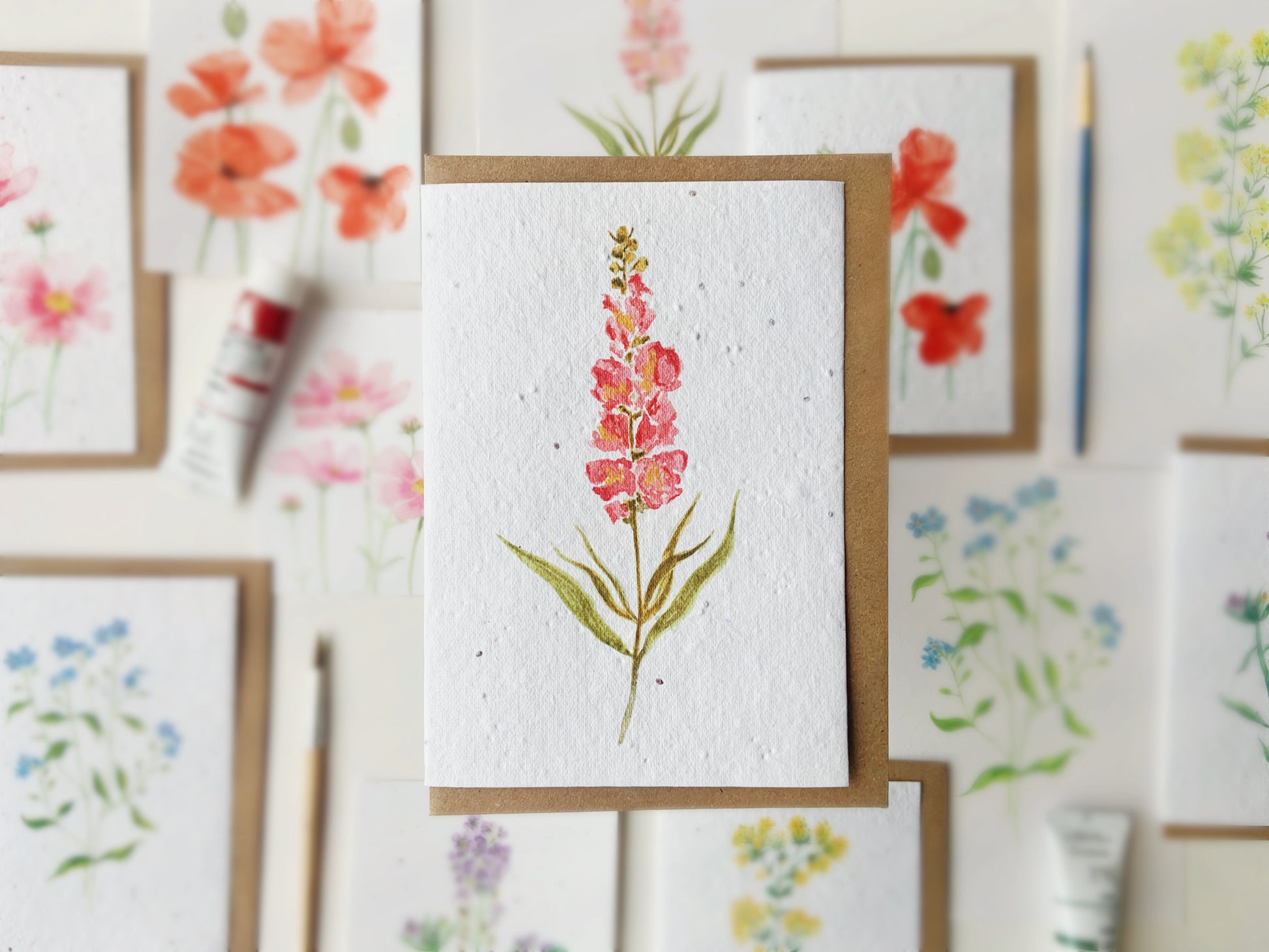 plantable wildflower card with a pink flower on it, hand painted