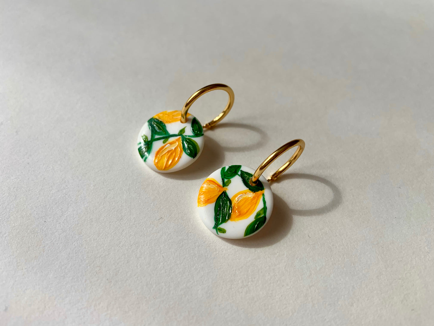 hand painted huggie hoop earrings, lemons