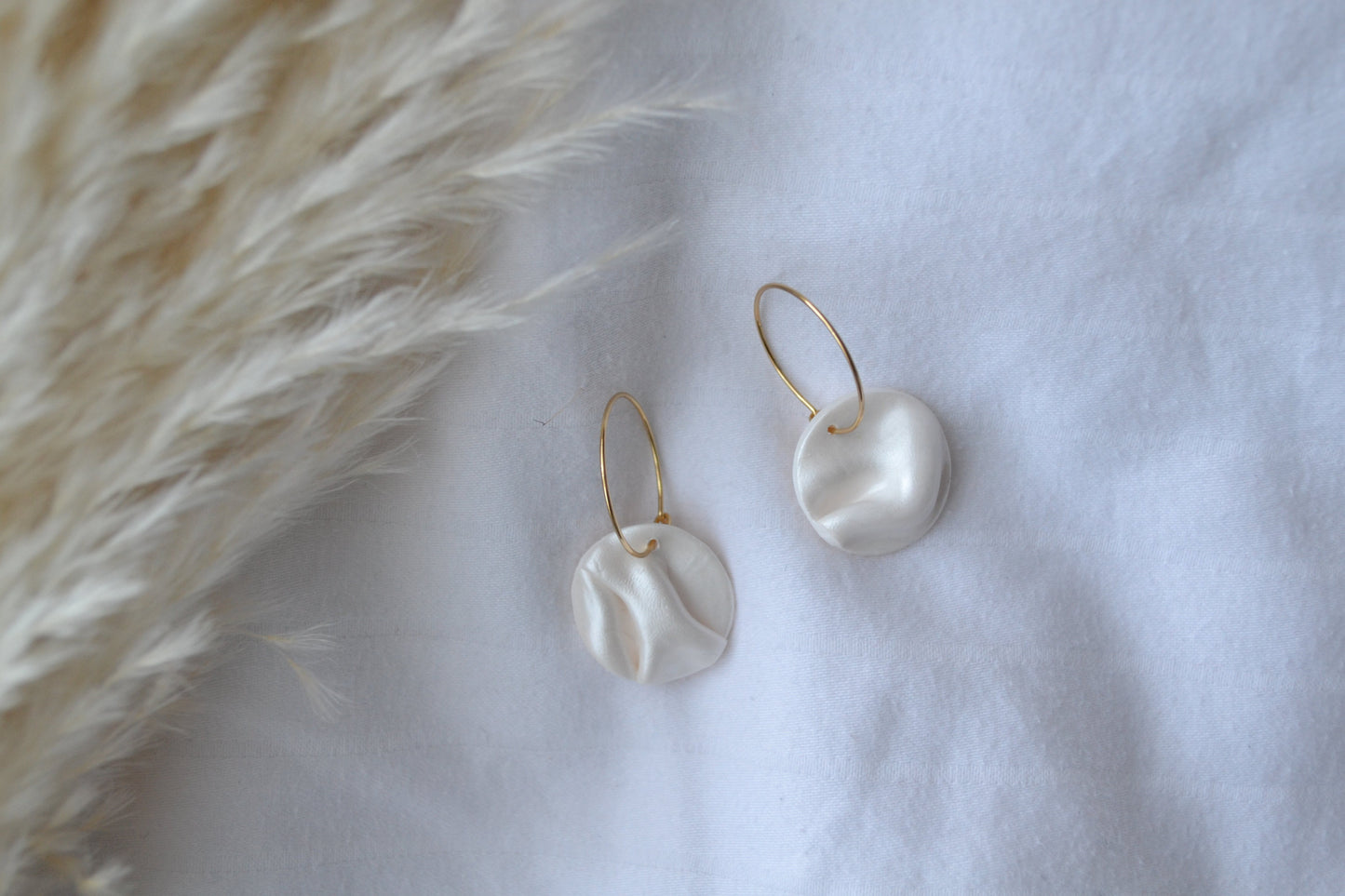 simple polymer clay white earrings, hoops, silk effect