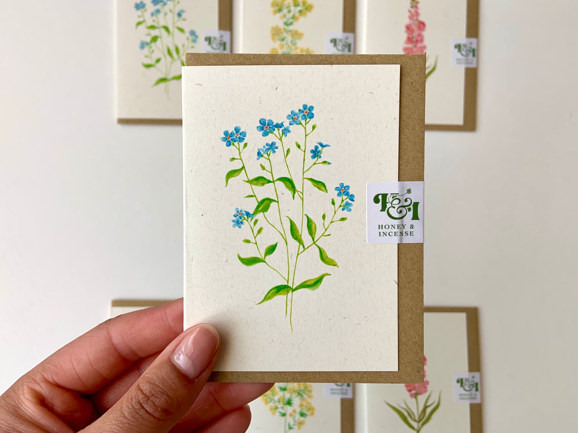 Forget-me-not hand painted recycled card