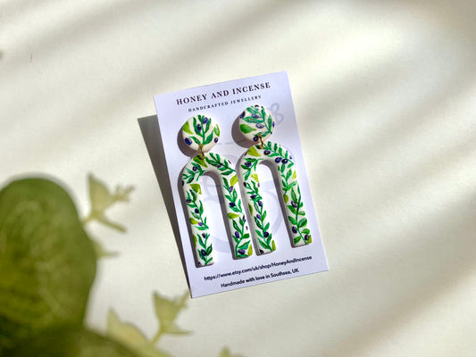 hand painted tall arch earrings with olive branches on