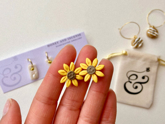 polymer clay sunflower studs, bright yellow polymer clay flower stud earrings