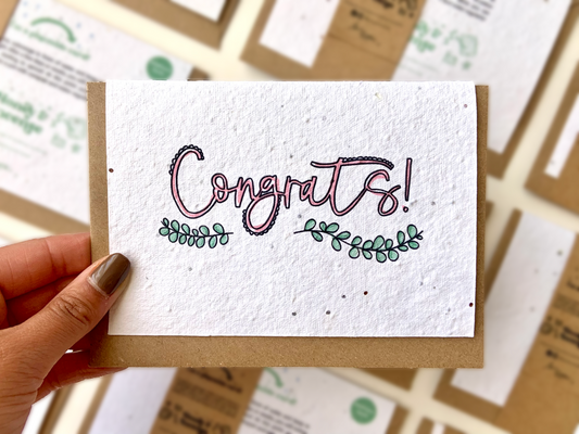 Congratulations greetings card made from plantable seed paper, that grows wildflowers