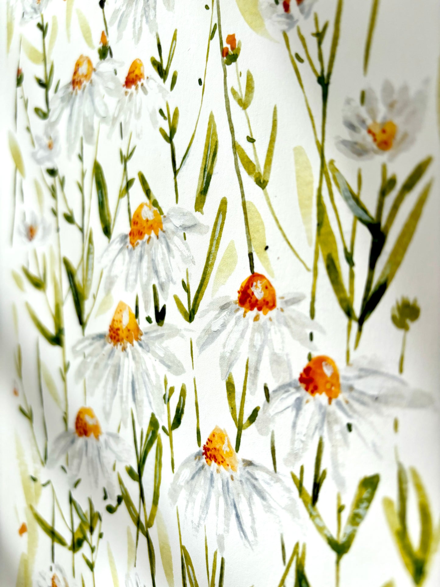 close up of a gouache painting of daisies on matte white paper as an art print