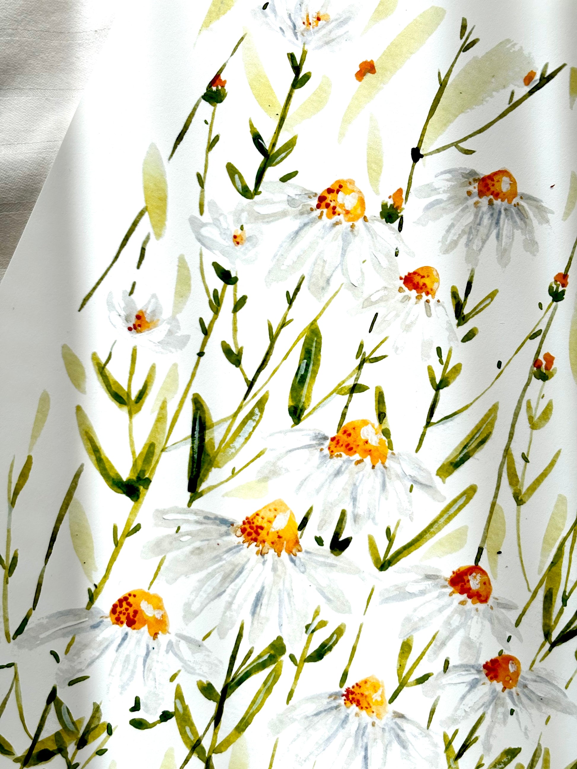 bright photo of an art print of daisies 