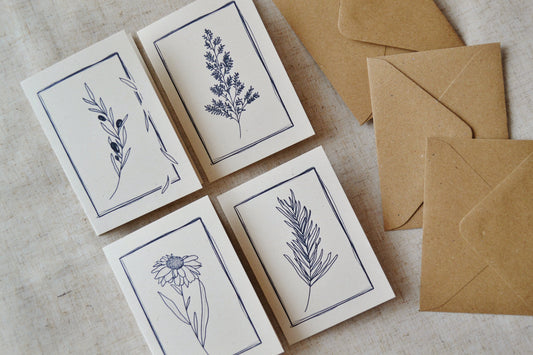 mini recycled note cards with simple botanical line drawings 